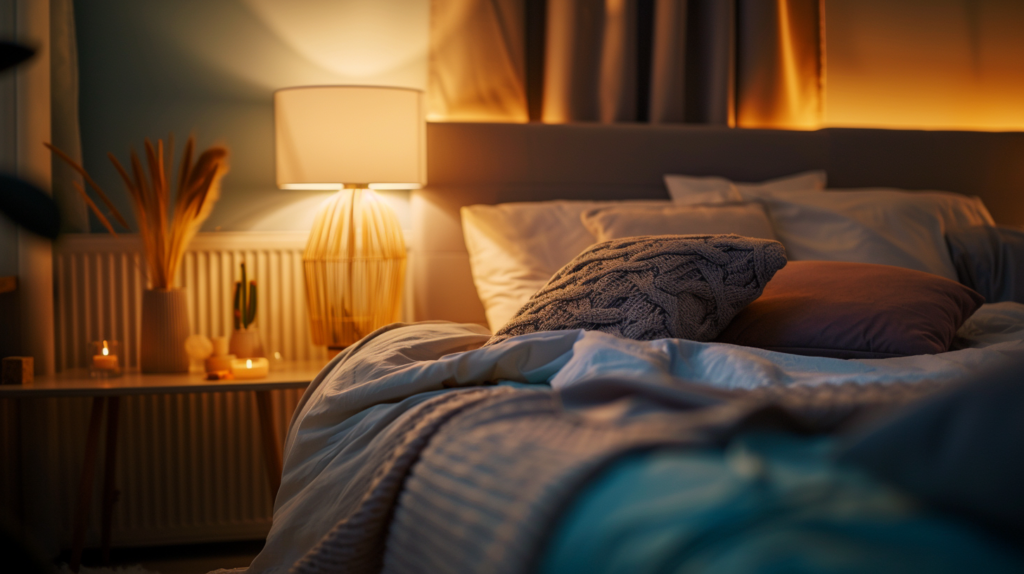 Cozy bedroom scene with soft lighting, a bed with pillows and blankets, a nightstand with candles, and a table lamp.