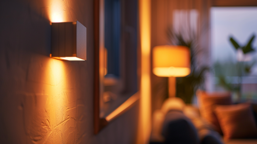 Warm, ambient living room lighting with a modern wall sconce and soft background illumination from a table lamp.