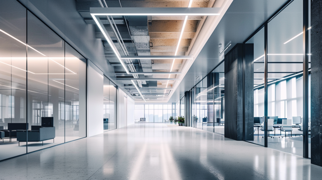 Modern office corridor with glass walls, minimalistic design, and ample natural light from large windows.