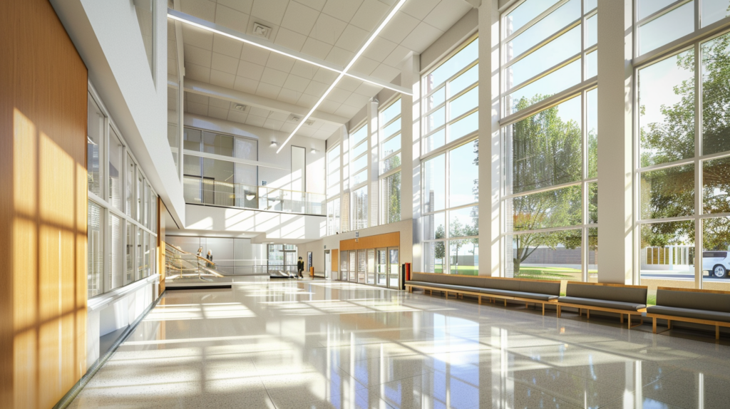 Bright modern lobby with large windows, glossy floors, and seating area. Natural light illuminates the spacious area.