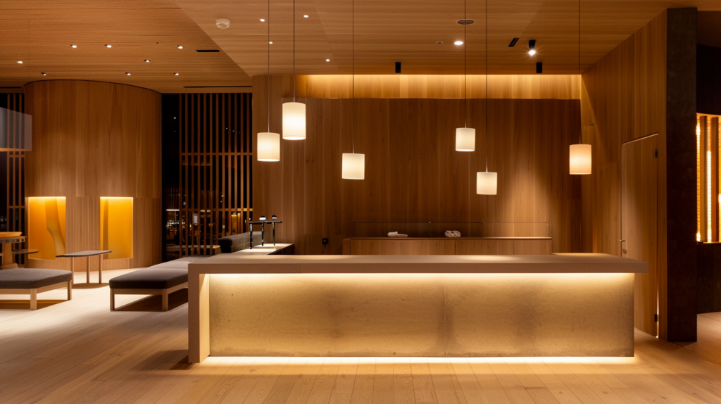 Modern hotel lobby with warm lighting, minimalist wooden design, and a sleek reception desk.