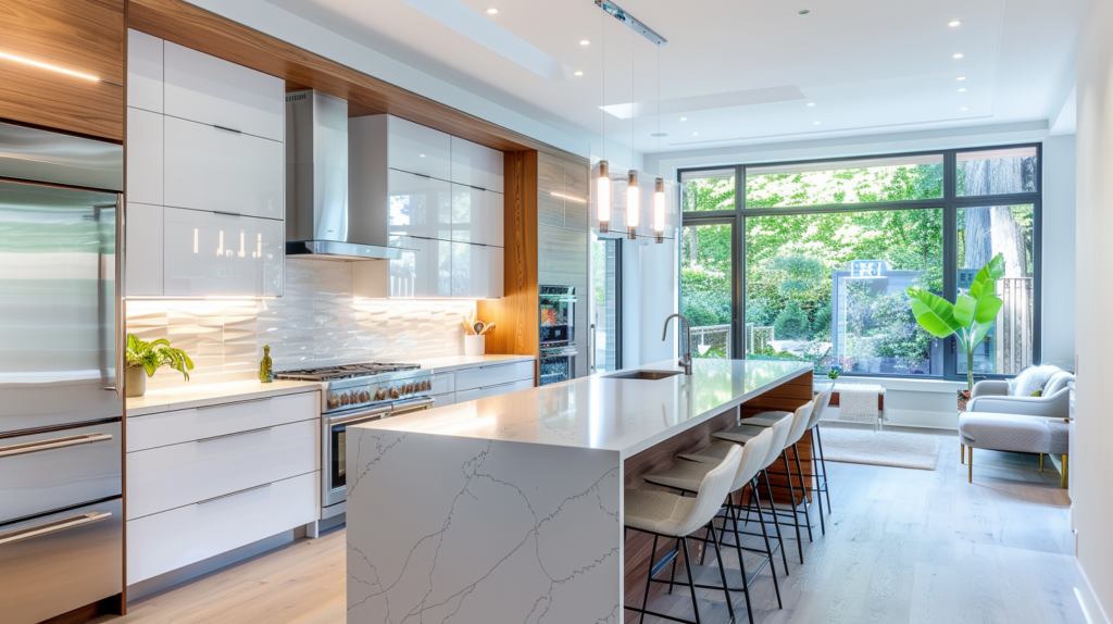 Sleek modern kitchen with white cabinets, large island, pendant lighting, and floor-to-ceiling windows overlooking greenery.