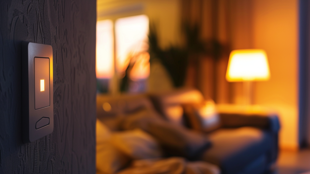 Close-up of a glowing light switch in a cozy, softly lit living room with a blurred sofa and lamp in the background.