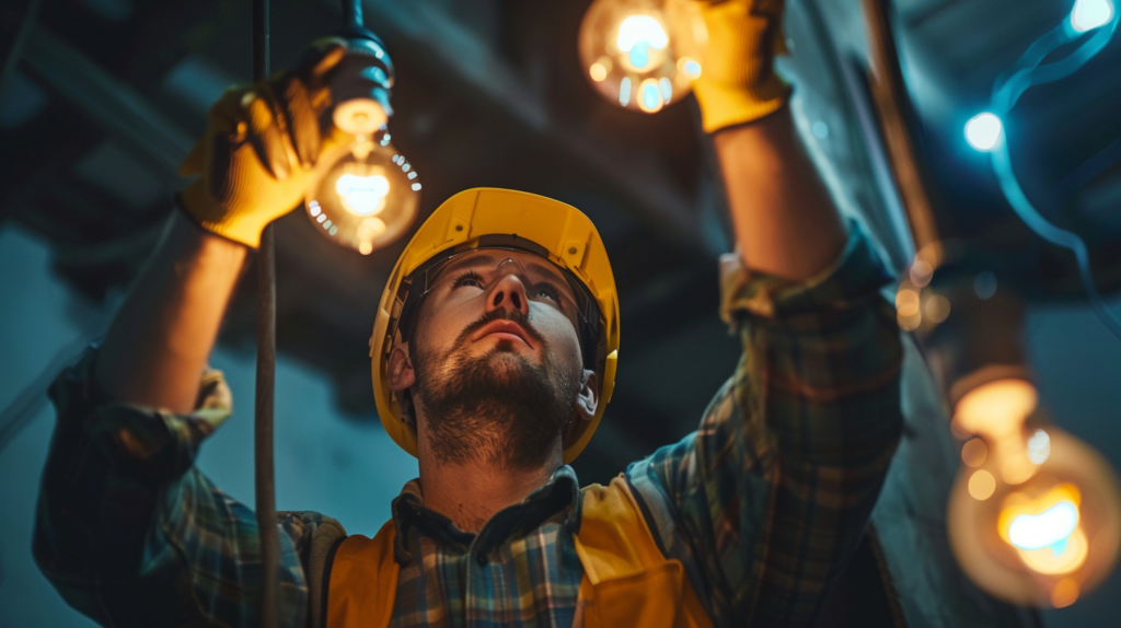 Electrician in safety gear working on lighting installation, wearing yellow helmet and gloves, in an industrial setting.