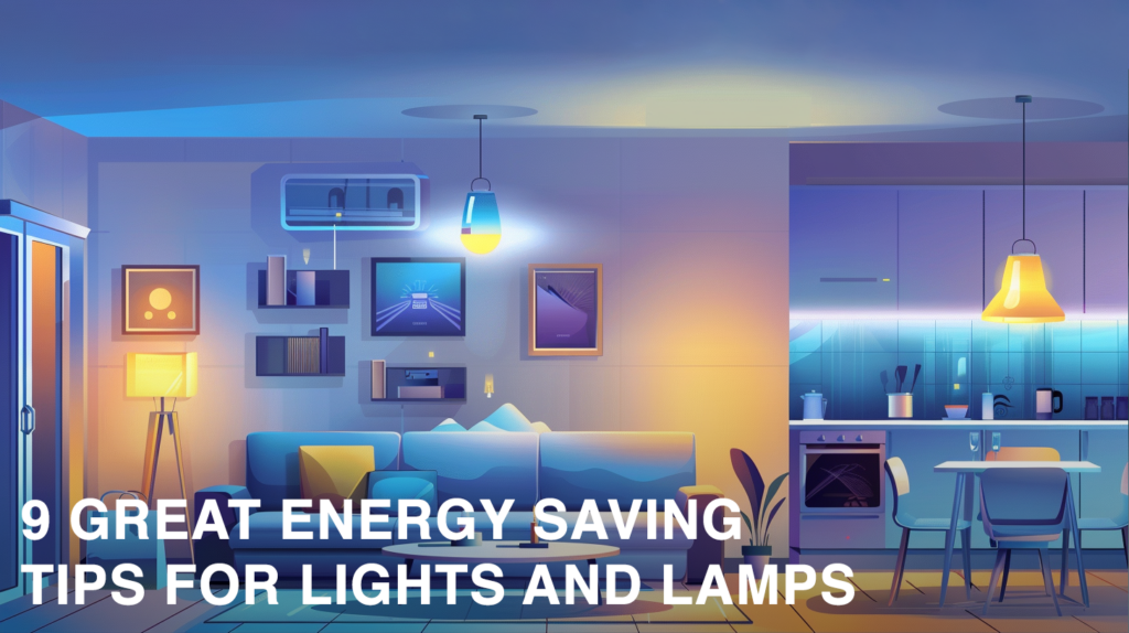 Modern living room and kitchen with various light sources. Text: 9 Great Energy Saving Tips for Lights and Lamps.