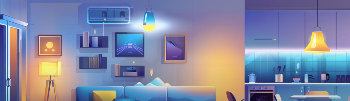 Modern living room and kitchen with various light sources. Text: 9 Great Energy Saving Tips for Lights and Lamps.