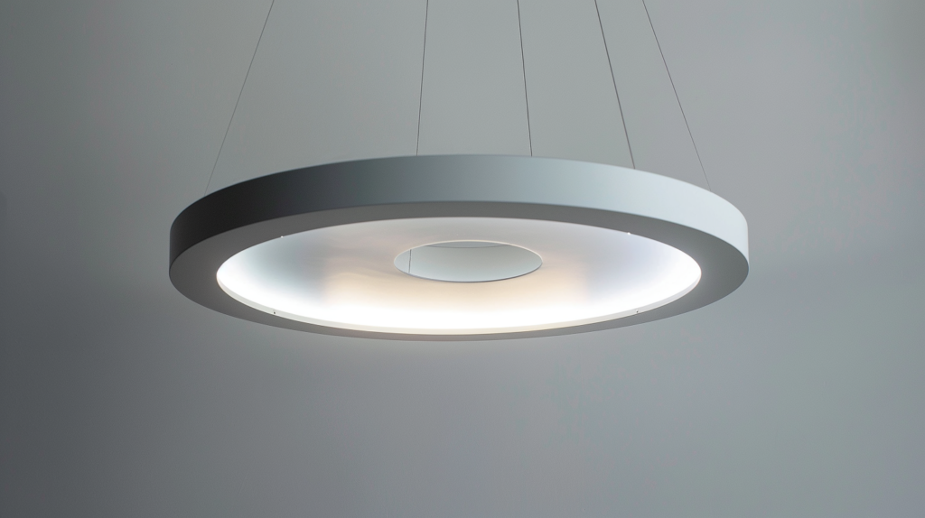 Modern circular pendant light fixture in minimalistic design. Ideal for contemporary home decor and interior lighting solutions.