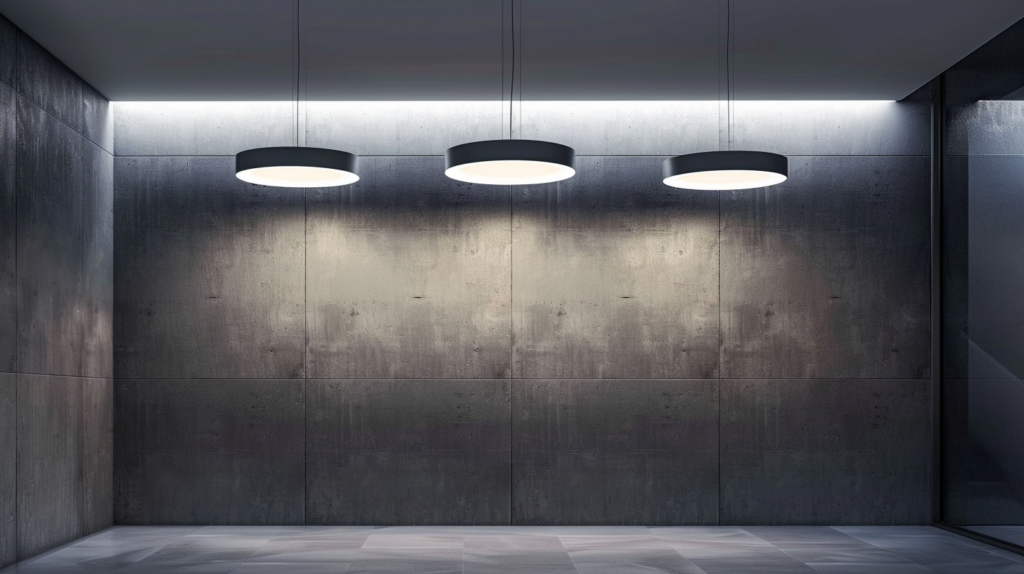 Modern minimalist interior with three circular pendant lights illuminating dark concrete walls and a tiled floor.