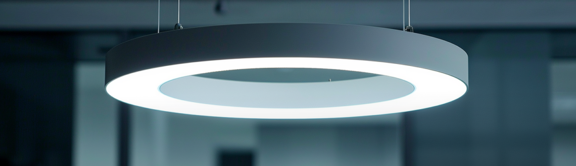 Modern ring light diffuser hanging from ceiling in a dark room, guide to light diffuser types text overlay.