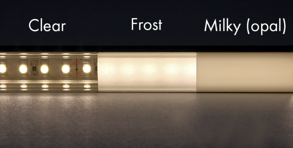 LED diffuser light comparison: Clear, Frost, and Milky (Opal) finishes side by side, showing different light effects.