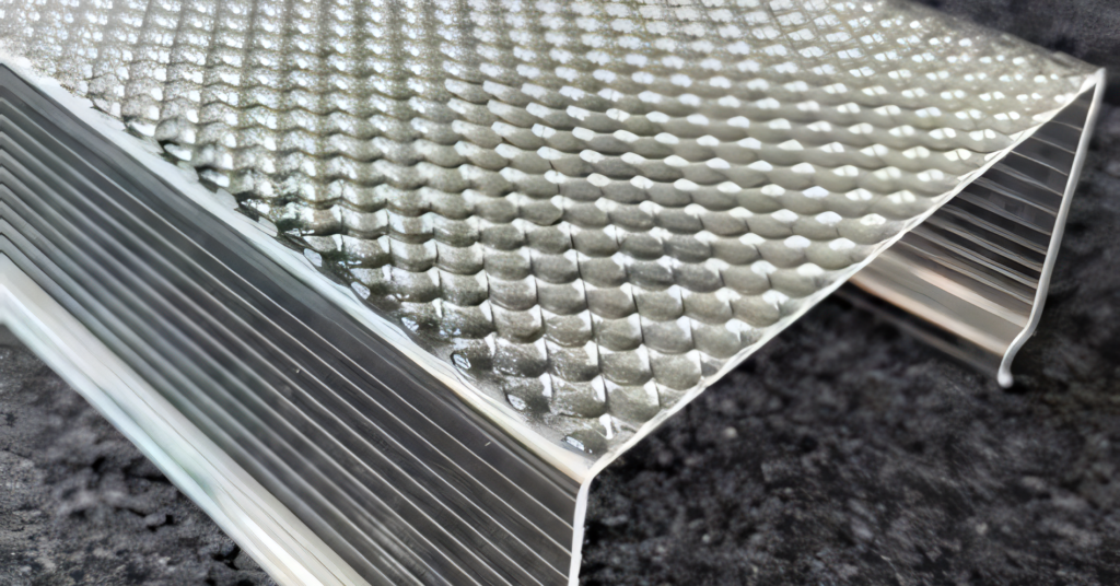 Textured polycarbonate sheet with corrugated edges displayed on a dark surface, ideal for roofing and construction.