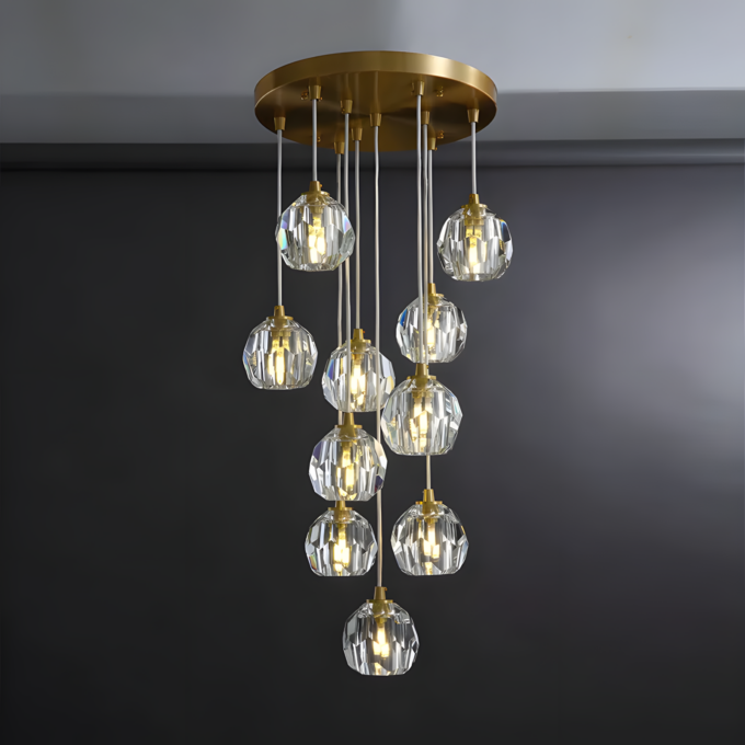1 Modern gold pendant chandelier with crystal lights, elegant lighting fixture for contemporary home décor.