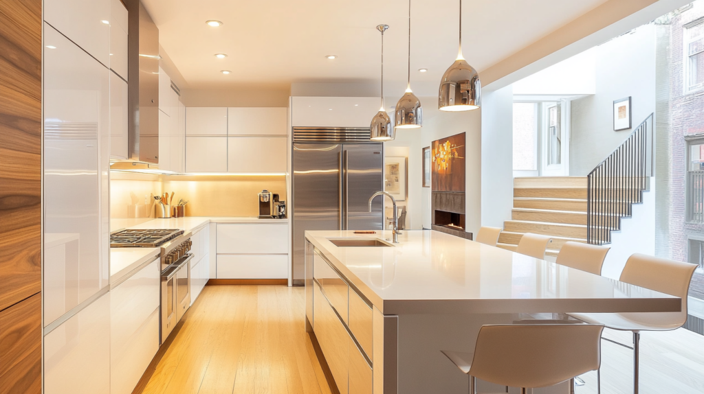 Modern kitchen with white cabinets, stainless steel appliances, large island, and pendant lighting, next to stairs and large window.