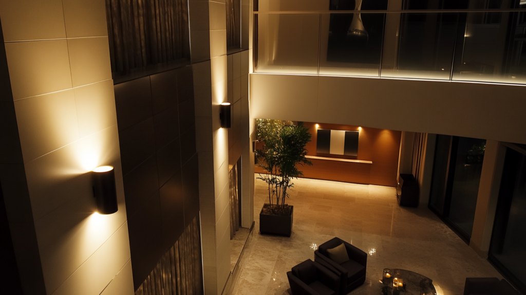 Luxurious modern hotel lobby with ambient lighting, elegant decor, cozy seating area, and indoor plants.