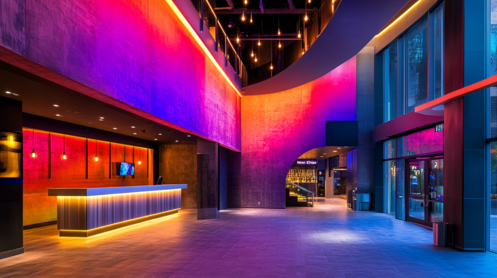 Modern hotel lobby with vibrant neon lighting, sleek reception desk, and colorful illuminated walls.