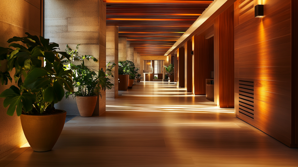 Modern corridor with wooden walls, large potted plants, and warm natural light creating a serene and inviting atmosphere.