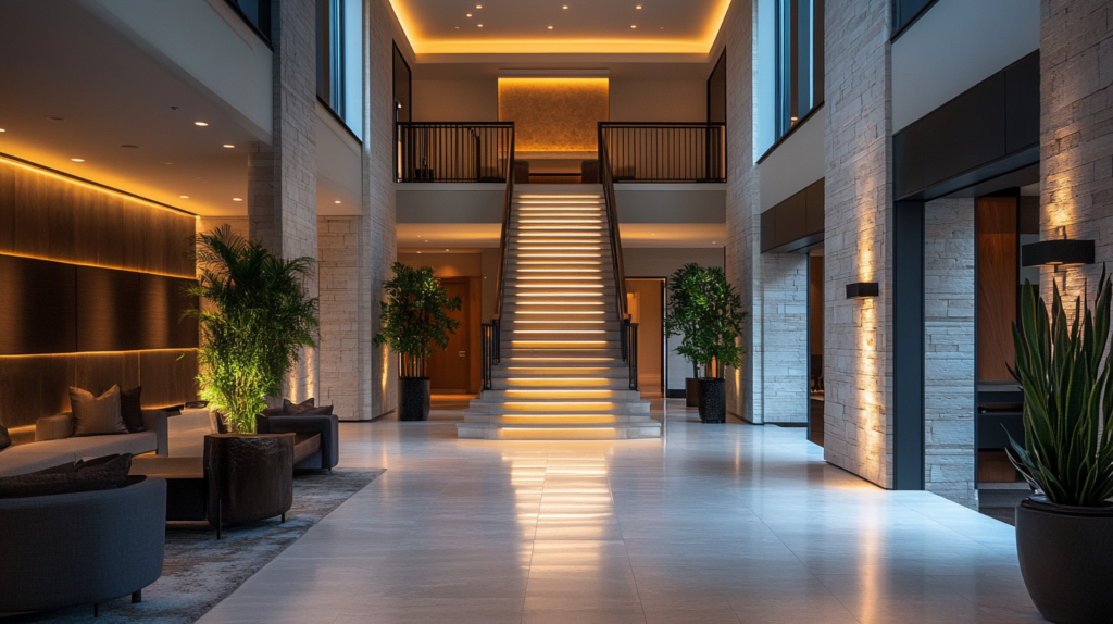 Modern, luxurious hotel lobby with elegant lighting, indoor plants, and a grand illuminated staircase at the center.