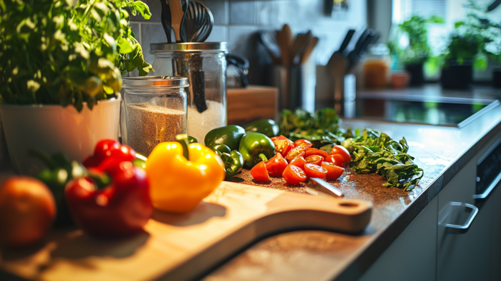 Fresh vegetables and herbs on a kitchen counter with cutting board, ready for meal prep. Bright and vibrant cooking scene.