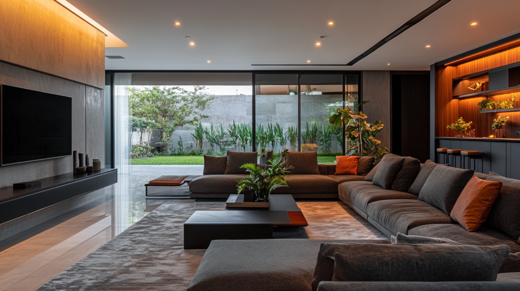 Modern living room with large gray sectional sofa, indoor plants, sleek decor, and floor-to-ceiling windows overlooking garden.