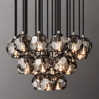 Modern crystal chandelier with multiple pendant lights in a geometric design, illuminating a sophisticated space.