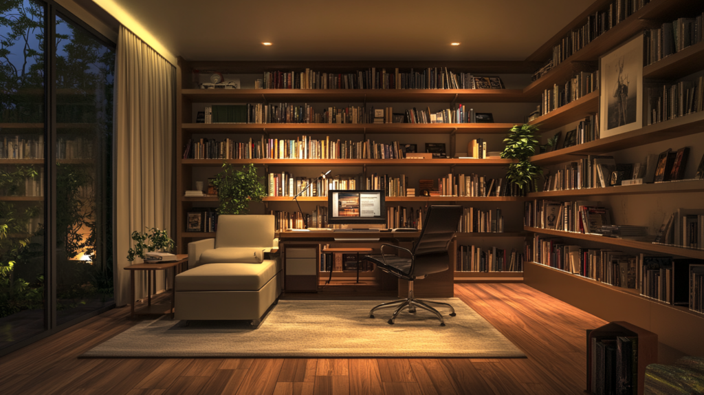 Cozy home office and library with wooden floors, a desk, bookshelves, large windows, and ambient lighting for a productive workspace.