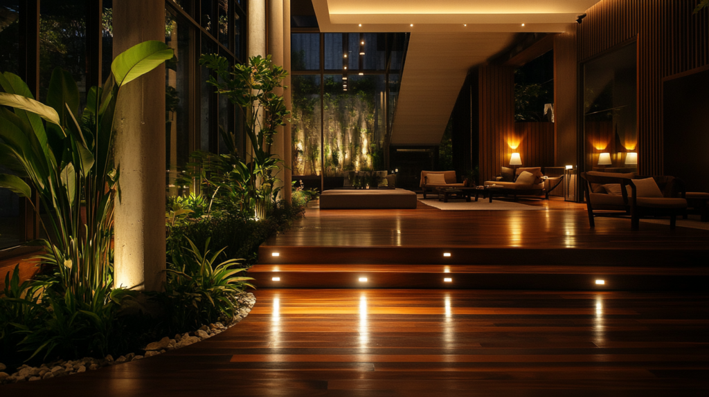 Luxurious modern lounge with wooden floors, ambient lighting, and indoor plants creating a serene, elegant atmosphere at night.