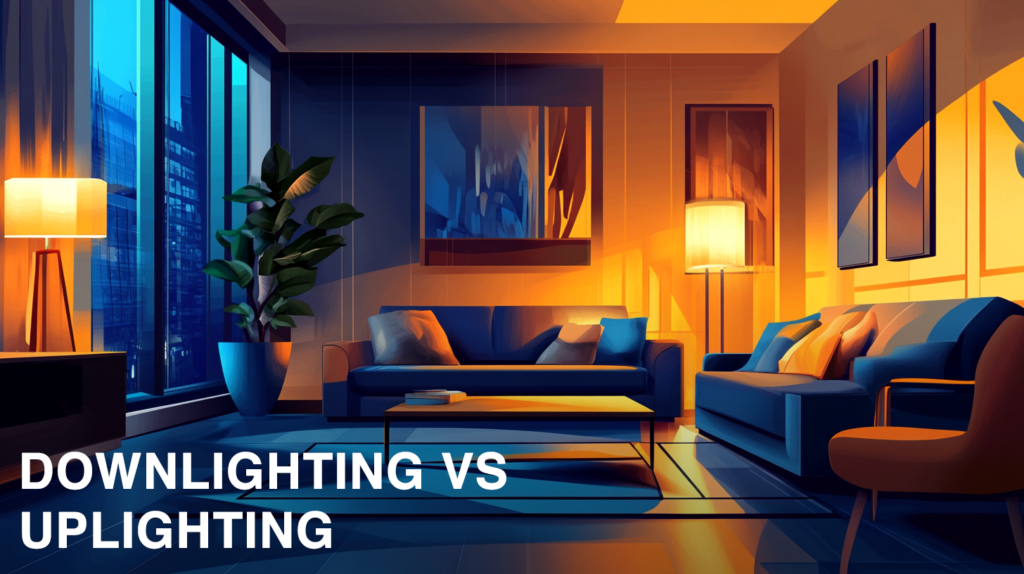 Modern living room with blue sofa, indoor plant, and warm lighting; text Downlighting vs Uplighting in the foreground.