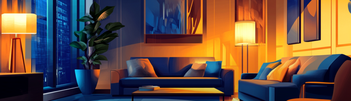 Modern living room with blue sofa, indoor plant, and warm lighting; text Downlighting vs Uplighting in the foreground.
