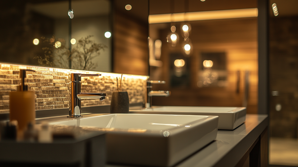 Modern bathroom with double sinks, stylish faucets, and warm ambient lighting. Features a backlit stone backsplash.