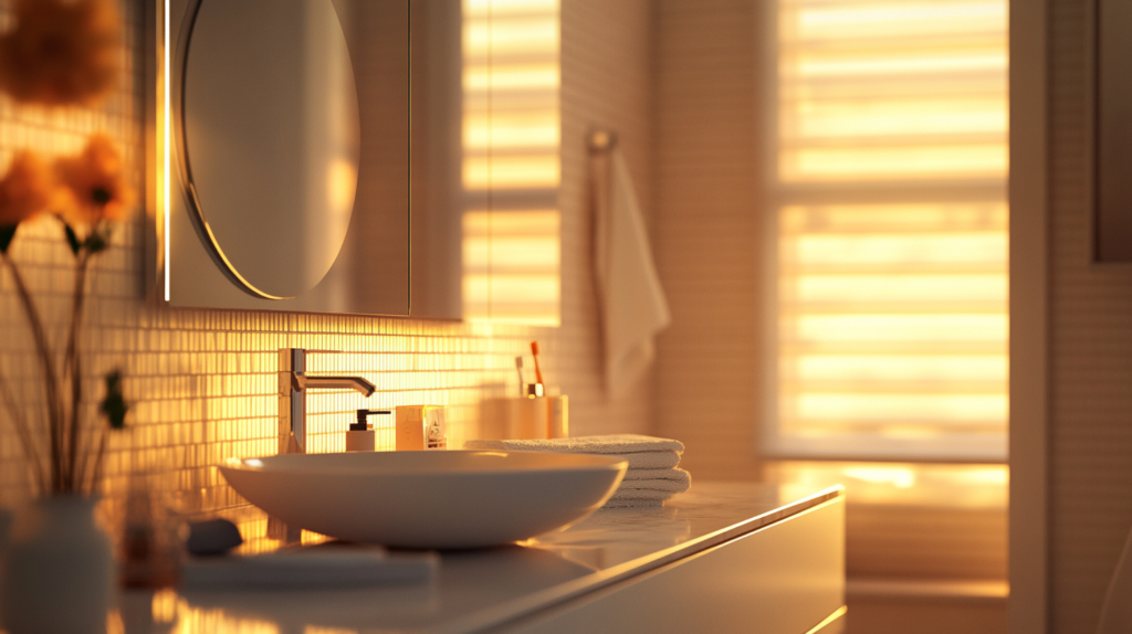 Modern bathroom with a minimalist design featuring a round mirror, vessel sink, and natural sunlight streaming through a window.