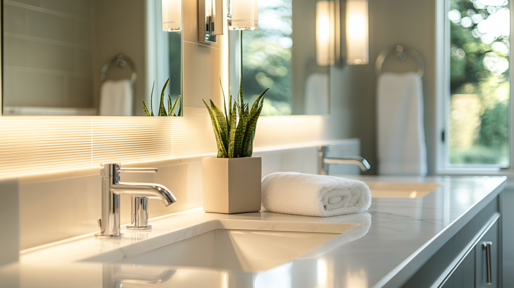 Modern bathroom with sleek countertop, chrome faucet, potted plant, and rolled towel near illuminated mirror.