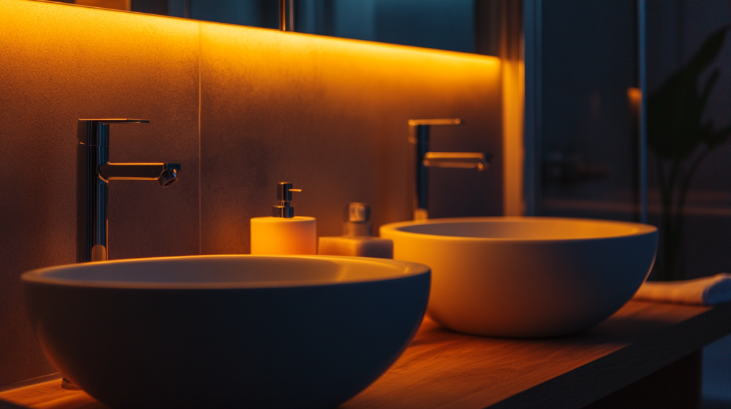 Modern bathroom with warm lighting, featuring twin vessel sinks, sleek faucets, and a wooden counter. Perfect blend of style and comfort.