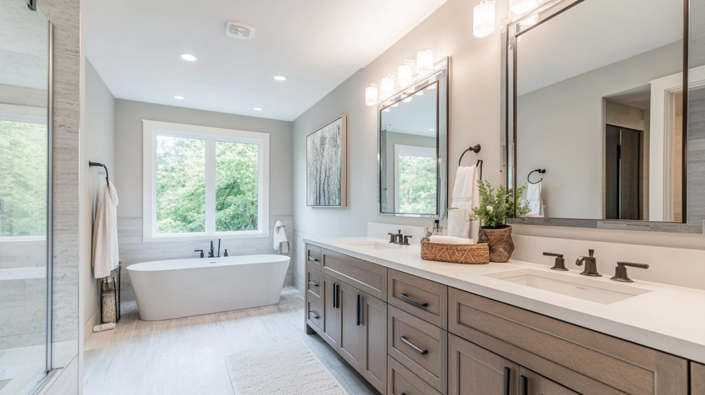 Modern bathroom featuring a freestanding bathtub, large mirror, double vanity, light fixtures, and natural light from a large window.