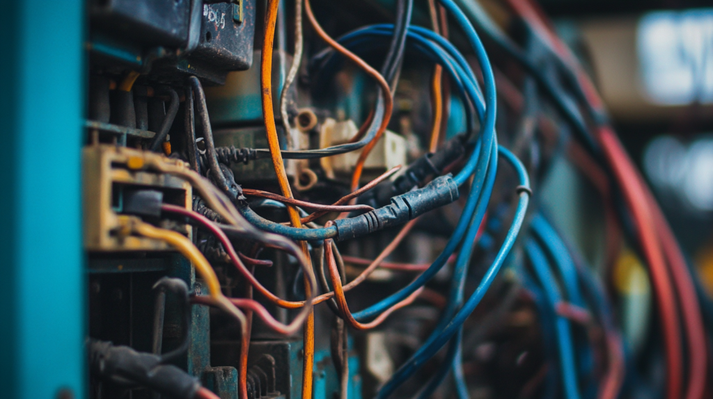 Close-up of a tangled network of colorful electrical wires and cables in a circuit breaker box.