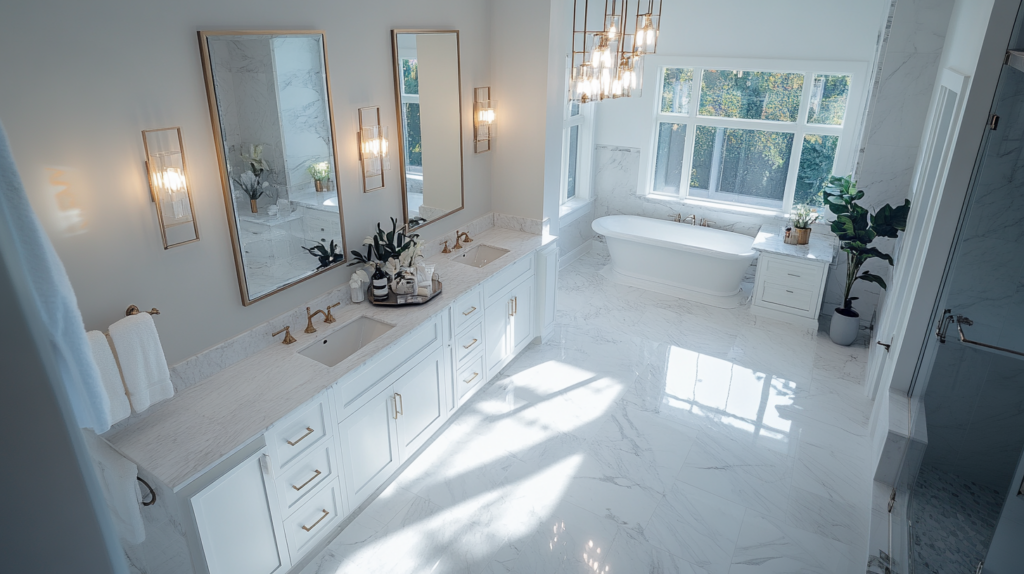 Luxurious bathroom with marble tiles, double sink vanity with gold fixtures, large windows, standalone bathtub, and modern lighting.