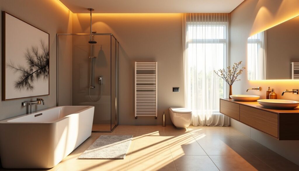 Modern bathroom with a freestanding tub, glass shower, dual sinks, large windows, and ambient lighting for a serene atmosphere.