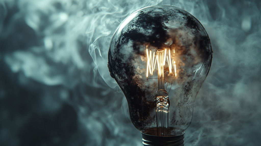 Smoky incandescent light bulb glowing in a dark, mysterious atmosphere highlighting creativity and innovation.