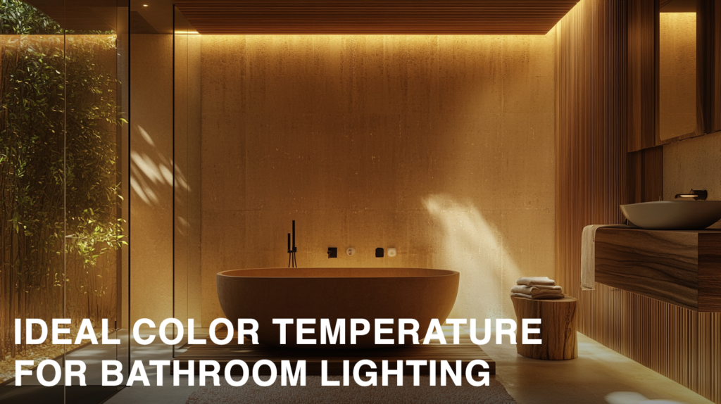 Modern bathroom with warm LED lighting, highlighting the optimal color temperature for bathroom ambiance. Ideal for relaxation.