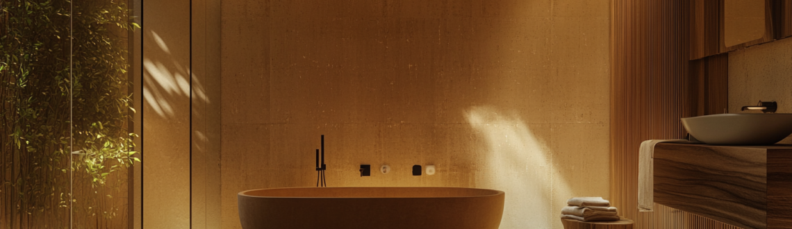 Modern bathroom with warm LED lighting, highlighting the optimal color temperature for bathroom ambiance. Ideal for relaxation.