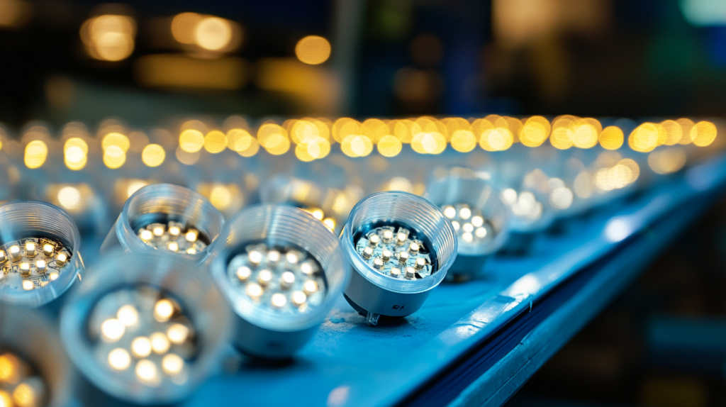 Close-up of LED light bulbs arranged in rows, glowing warmly on a production line.