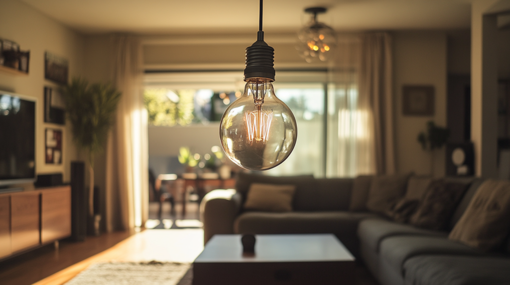 Hanging light bulb in cozy living room with modern decor, sunlight through large windows, comfortable sofa and wooden furniture.