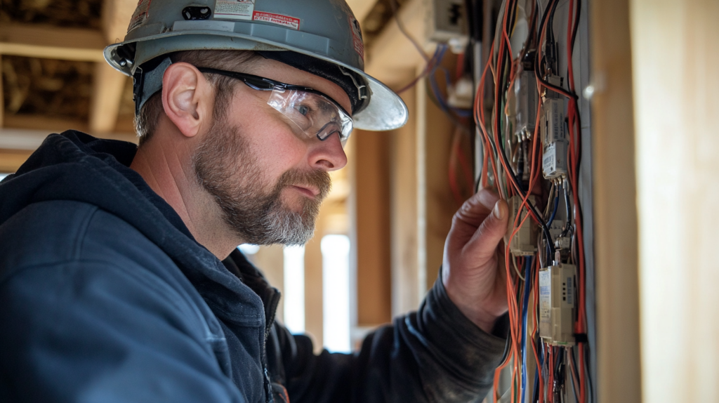 Electrician in hard hat and safety glasses inspecting wiring in a residential construction project.