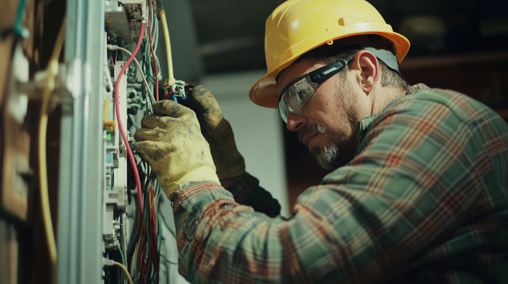 Electrician in safety gear working on a complex electrical panel, wearing a hard hat and safety glasses.