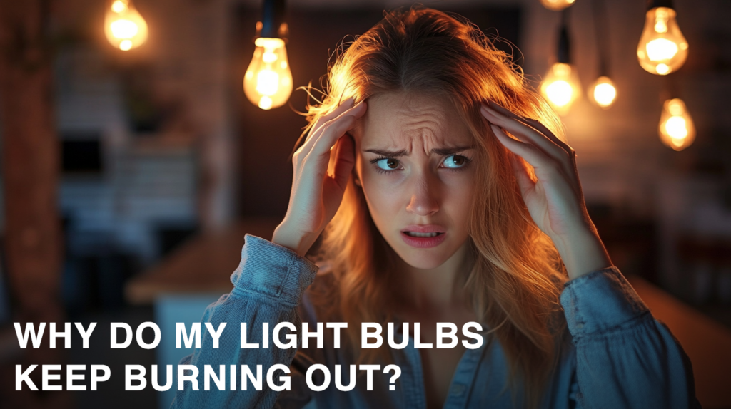 Worried woman with light bulbs burning out, seeking solutions. Text: Why do my light bulbs keep burning out?