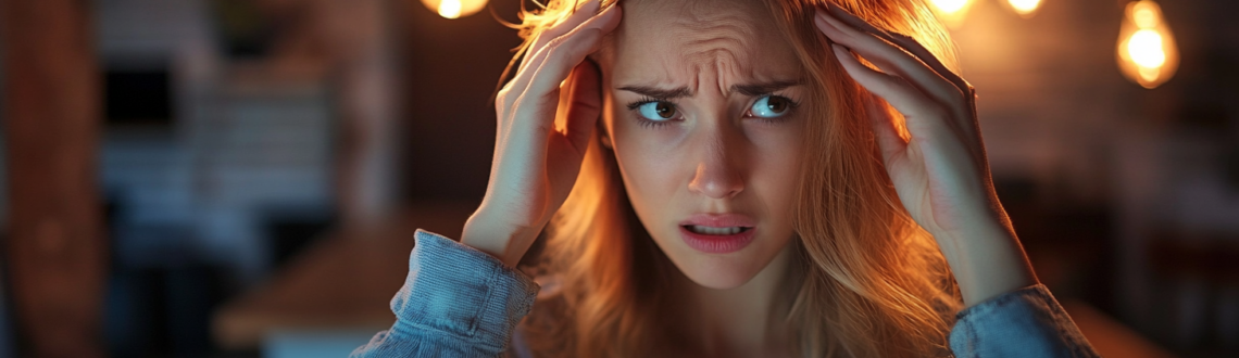 Worried woman with light bulbs burning out, seeking solutions. Text: Why do my light bulbs keep burning out?
