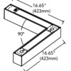 90-degree-connector Diagram of a 90-degree angle light fixture with dimensions 16.65 inches (423mm) for both lengths.