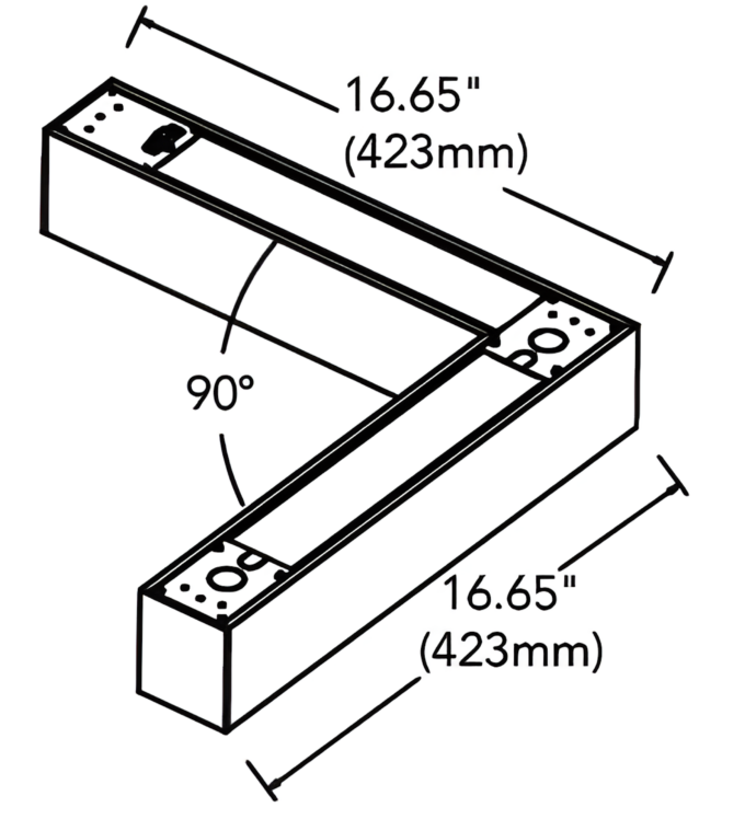 90-degree-connector Diagram of a 90-degree angle light fixture with dimensions 16.65 inches (423mm) for both lengths.