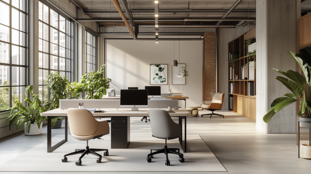 Modern office with large windows, greenery, stylish furniture, and neutral tones, creating a bright, open workspace.