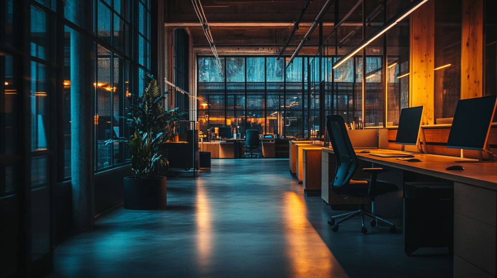 Modern open-office space with sleek desks and ambient lighting for a productive work environment.