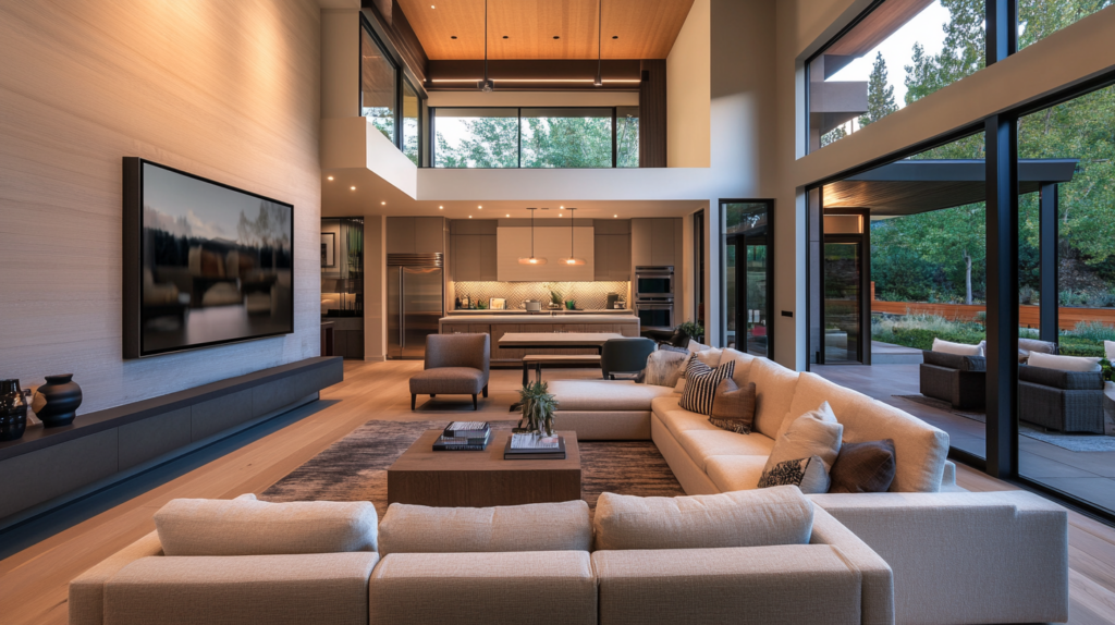 Modern open-concept living room with large windows, cozy seating, and a kitchen in the background.